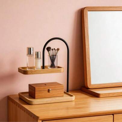 Bandeja de bambú de doble capa multifuncional / Soporte de exhibición de pasteles creativo / Estante de almacenamiento para decoración de escritorio / Organizador de llaves para la entrada