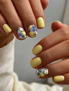 用24片短方形按压式假指甲升级你的造型！高级法式黄色、蓝色芙蓉花、白色芙蓉花、裸色假指甲、可爱柠檬黄、绿色叶子假指甲，全覆盖式假指甲套装，适合女性和女孩。套装包含1张粘合贴片和1个迷你指甲锉，随机发货。 - 黃色 - 查看 1