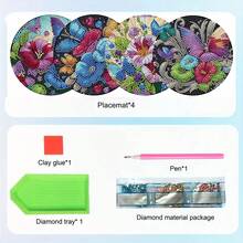 Bộ 4 tấm lót bàn tranh đính đá hình bướm và hoa, tranh khảm mosaic thủ công tự làm, tranh đính đá pha lê tròn chịu nhiệt, bộ dụng cụ thủ công mỹ nghệ, trang trí nhà bếp và phòng ăn, quà tặng thủ công, thích hợp trang trí nhà cửa hoặc làm quà tặng sinh nhật và ngày lễ. - BS110+ - Xem 8