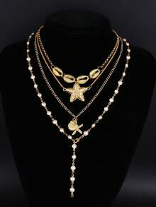 2件套时尚简约优雅仿珍珠海星贝壳吊坠Y型项链套装，适合女性度假、派对、生日、日常佩戴 - 金黃色 - 查看 3