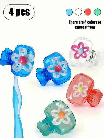 Dopamine Toothbrush Storage Clip & Cartoon Protective Cap Set - 4 Vibrant Color Travel Toothbrush Cover With Ventilation Holes For Home, Dorm & On-The-Go Use ,Decorated With Cartoon Translucent, Openwork Five-Petaled Flower| Cute Toothbrush Head Holder For Bathroom Organization, College Essentials & Family Travel&Back To School | Plastic Hygienic Toothbrush Case, Waterproof Dust-Proof Storage Box (Red/Blue/White/Green)