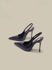 10.5cm High Heel Women's Pumps, Pointed Toe Kitten Heel, Stone Texture Blue High Heels With Easy-To-Wear Backstrap, Hollow-Out Gold Round Insole, Sexy Versatile Elegant Stilettos Suitable For Daily, Commute, Party, Prom - Royal Blue - View 1