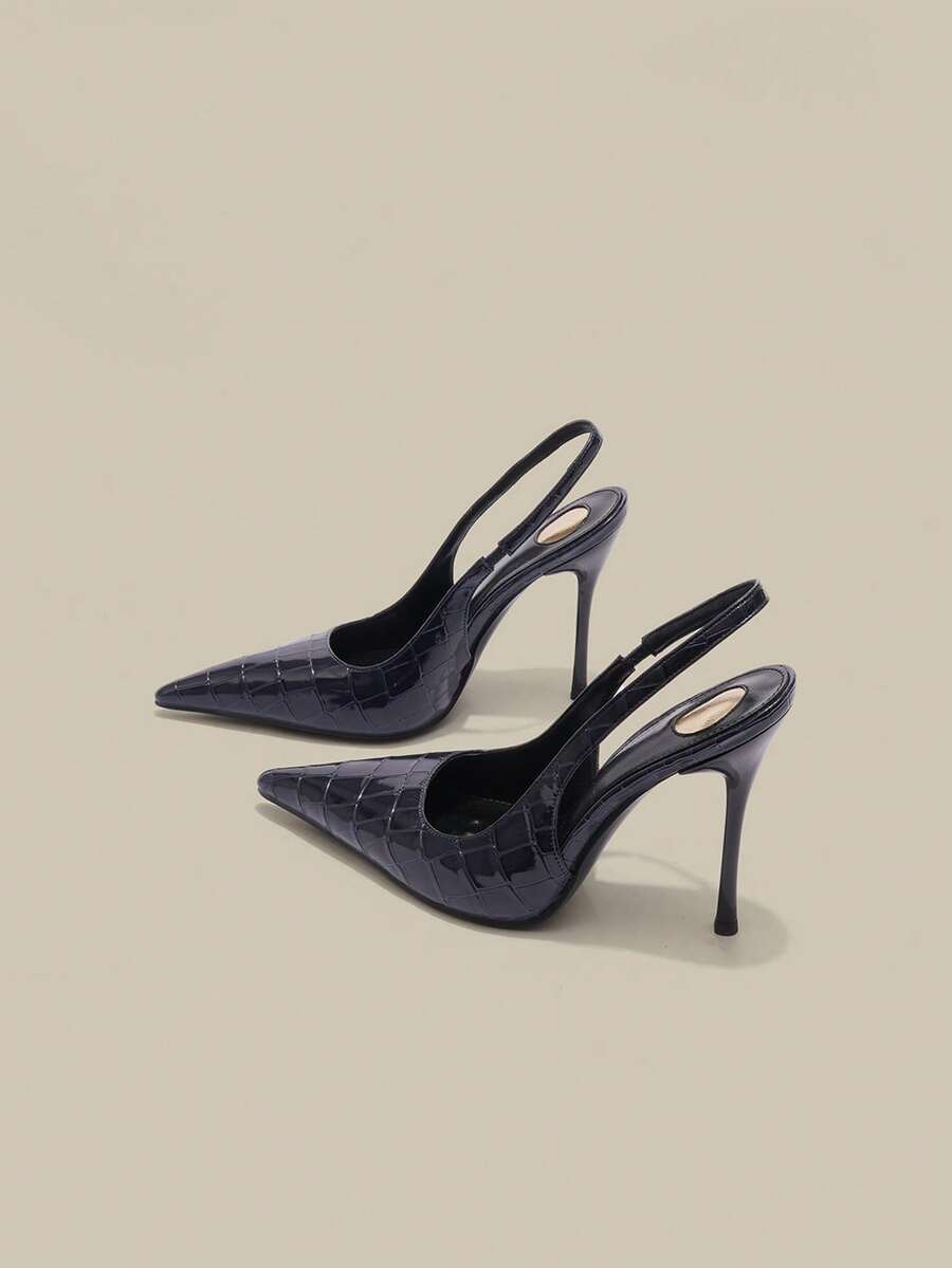 10.5cm High Heel Women's Pumps, Pointed Toe Kitten Heel, Stone Texture Blue High Heels With Easy-To-Wear Backstrap, Hollow-Out Gold Round Insole, Sexy Versatile Elegant Stilettos Suitable For Daily, Commute, Party, Prom - Royal Blue - View 1