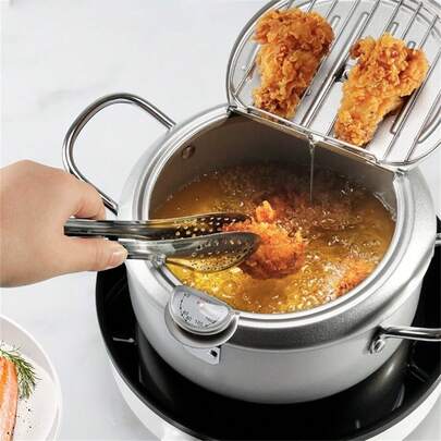1pc Japanese Temperature-Controlled Stainless Steel Deep Fryer Induction Cooktop Gas Hot Pot Japanese Tempura Multi-Functional Soup Pot Picnic Cookware And Accessories