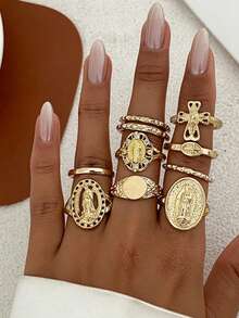10pcs Exaggerated Rhinestone Crown & Cross Punk Fashion Finger Rings, Suitable For All Occasions, Great Gift Choice - 金色 - 查看 2