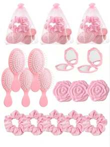 24pcs Pink Party Gift Set, Including 6 Mirrors, 6 Combs, 6 Headbands And 6 Mesh Bags. Suitable For Wedding Party Gifts, Valentine's Day Elastic Headbands, Mirrors, Hair Brushes, Mesh Gift Bags, Wedding Hair Accessories, As Well As Engagement Parties, Wedding Favors - 多色 - 查看 4