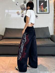 1件装女士宽松刺绣阔腿牛仔裤，舒适休闲百搭高街牛仔裤（不含腰带/配饰）春季 - 深色水洗藍 - 查看 10