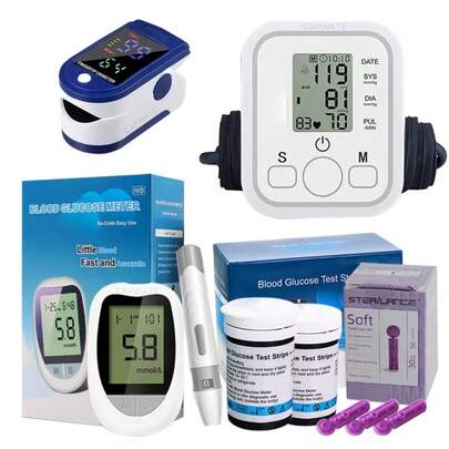 Kit 3 en 1: Monitor de Presión Arterial + Oximetro de Pulso + Glucómetro - Medidor de Salud Familiar Preciso y Portátil✅ (Incluye 50 Tiras Reactivas + 50 Agujas), Funciona con Batería, Un Regalo para Padres y Abuelos