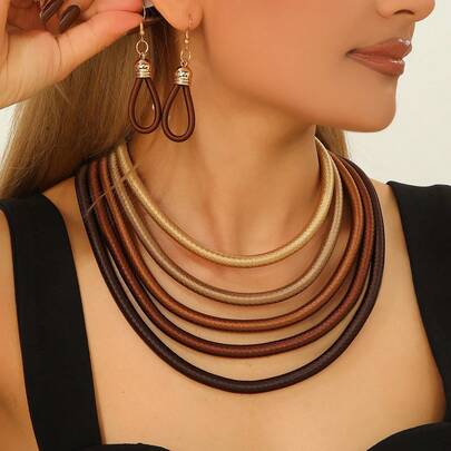 1 Set Handmade Multilayer Exaggerated Necklace, Bohemian Style Beach Resort Party Middle Eastern Evening Elegant Vintage South Asian Jewelry Necklace & Earrings Set For Women