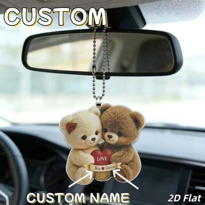 [Customized] 2D Flat 1pc Personalized Name Customized Teddy Bear Couple Car Pendant, Can Customize Couple Names, Cute Love Bear Car Pendant, Can Be Used As Car Accessory, Rearview Mirror Decor, Gift For Family, Partner On Valentine's Day Anniversary