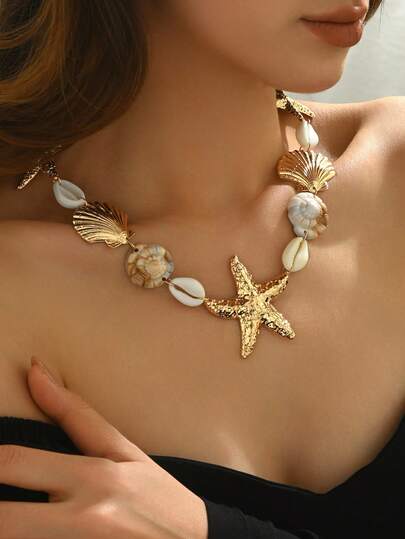 1pc Ocean Beach Style Starfish, Snail Shell Shaped Pendant Necklace, Suitable For Beach Vacation Wear
