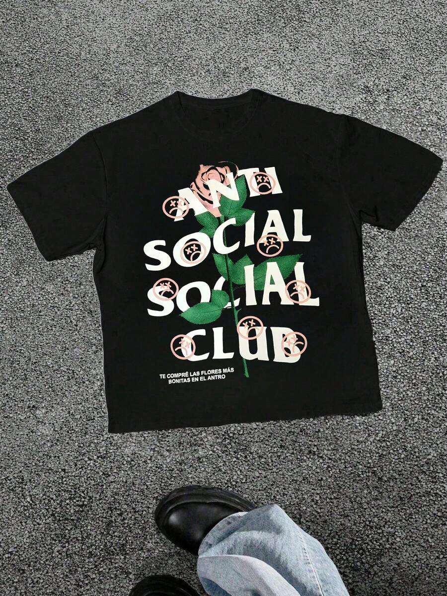 Rose And  Face Graphic Print T Shirt Anti Social Club 100% Cotton Streetwear Hip Hop Men's Casual Round Neck Short Sleeve Tee - 黑色 - 查看 1