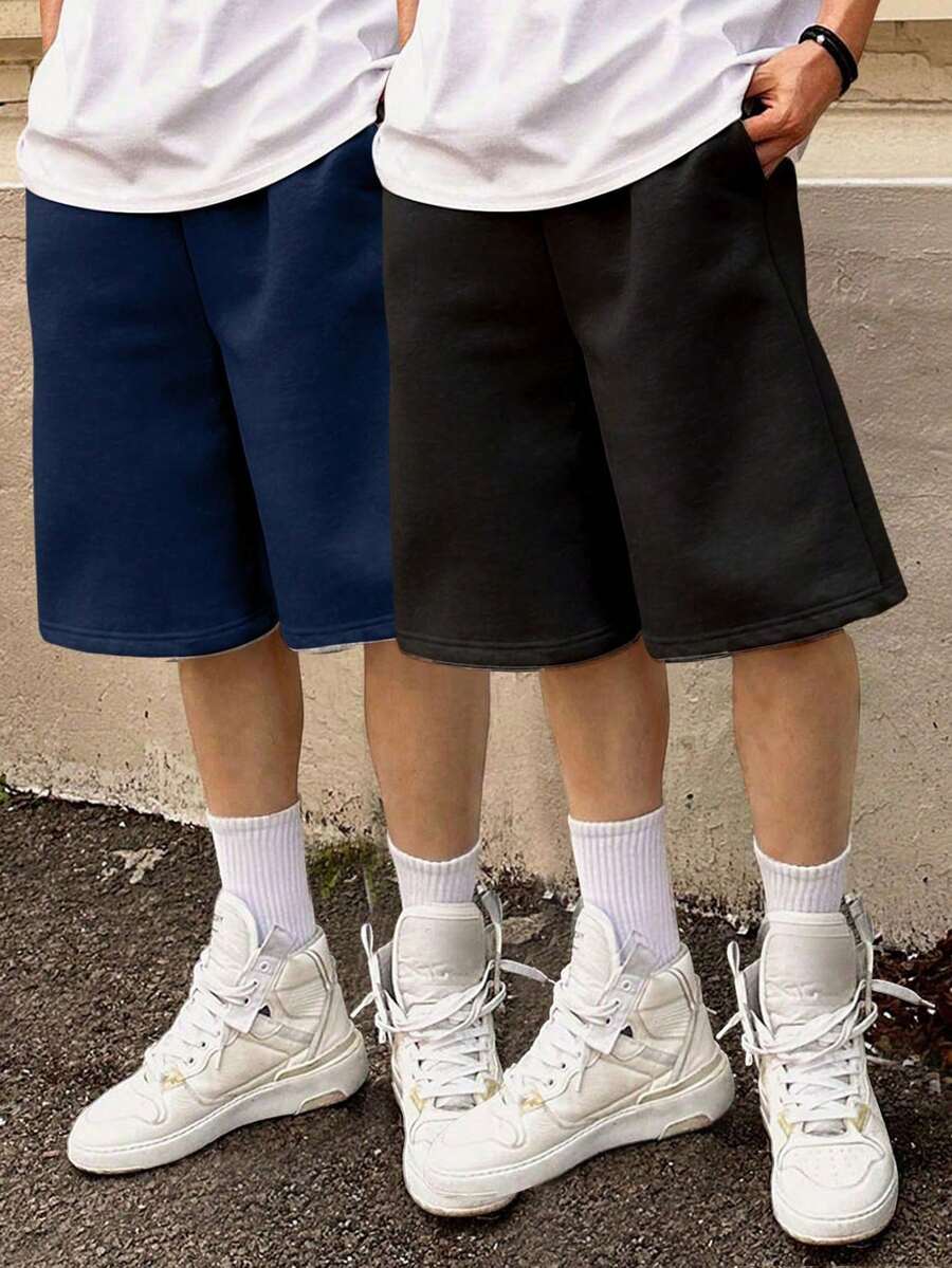 2件組青少年男孩戶外休閒時尚簡約純色高街風5吋短褲 - 彩色 - 查看 1