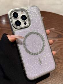 Luxury Bling Glitter Magnetic Wireless Charging Phone Case Compatible With IPhone 17 Pro Max Air 16 15 14 13 12 Pro Max Plus 11 Fashion Rhinestone Camera Frame Advanced Temperament Hard Cover Glitter Magnetic Ring - White - View 4