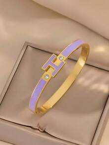 1pc 18K Gold Plated Enamel Letter H Bracelet, Stainless Steel Couple Bangle, Best Gift For Women On Valentine's Day, Mother's Day, Christmas, Graduation, Wedding (No Gift Box) - Letter H - View 18
