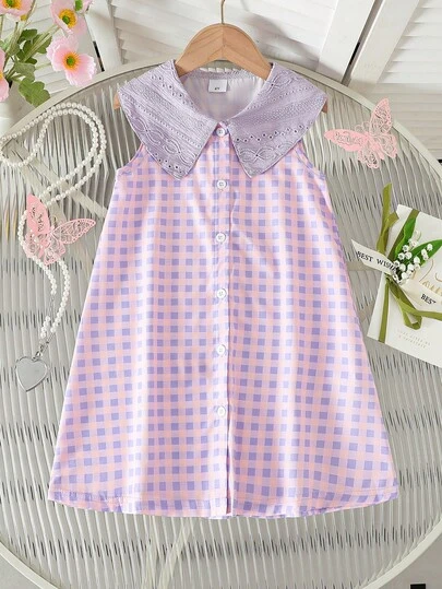 Đầm thời trang mùa hè cho bé gái, cổ áo jacquard, không tay, cài cúc phía trước, họa tiết kẻ caro ngọt ngào, thoải mái, đa năng, thích hợp cho kỳ nghỉ, đi biển và mặc hàng ngày ngoài trời.