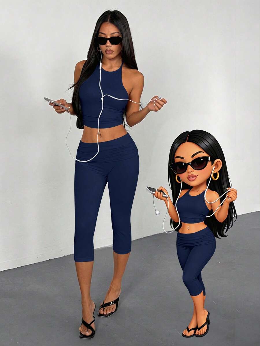 Bộ đồ nữ AITYI Studio, kiểu dáng thoải mái, màu trơn, dây mảnh, buộc sau lưng, hở lưng, thời trang gợi cảm, ôm sát, phong cách Y2K, đồ mặc nhà, đi biển, dự tiệc, nghỉ mát, thích hợp cho các dịp lễ, tốt nghiệp, lễ hội, lễ Phục sinh, lễ hội âm nhạc, mùa hè. Bộ gồm áo hai dây và quần lửng dệt kim. - Màu xanh hải quân - Xem 1