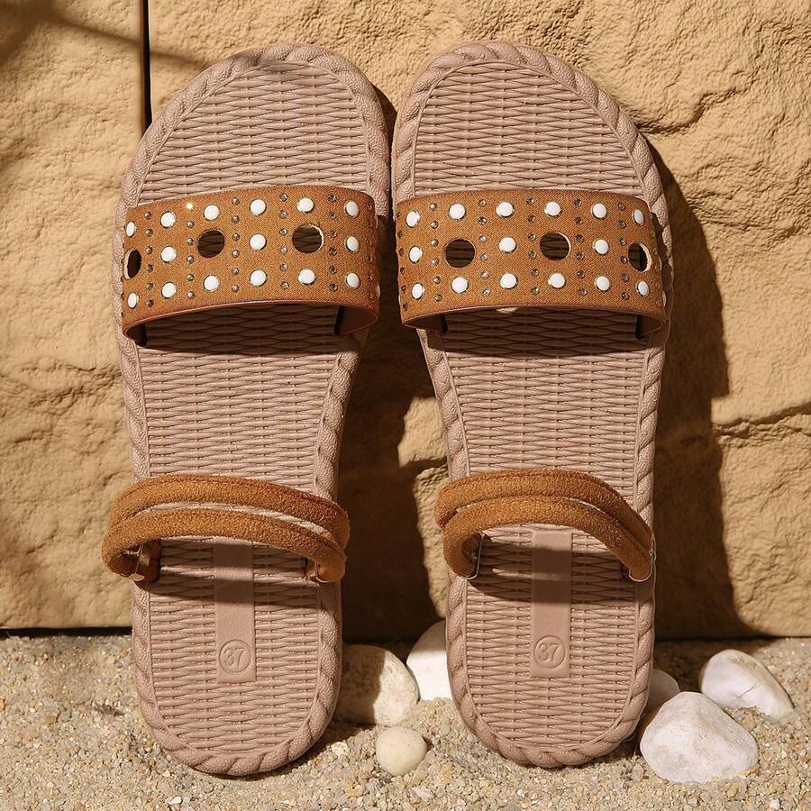 少女时尚简约新款平底凉鞋，软底轻便夏季百搭沙滩拖鞋 - 棕色 - 查看 1