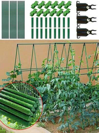 11件/17件/30件可调节植物支架套装，含连接配件，金属花园网格攀爬架套装，绿色PE涂层攀爬植物支撑杆套装，适用于水果、蔬菜、藤蔓和花卉 - 户外植物黄瓜支撑笼，带连接管、核心桩和连接夹，适用于花园凉棚，园艺用品
