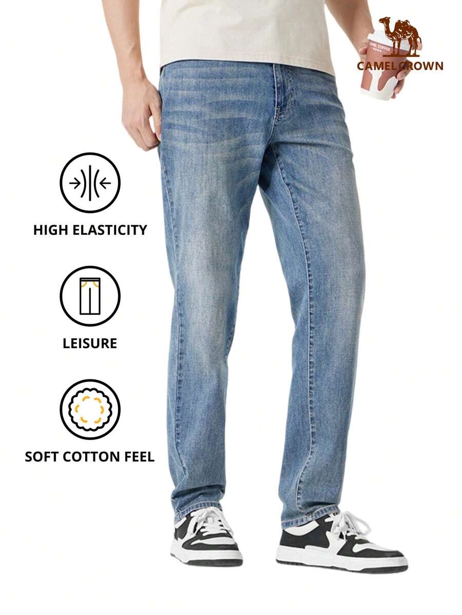 CAMEL CROWN Jeans rectos de pierna con lavado retro para hombres, pantalones vaqueros de algodón ligero para primavera/verano - Azul nostálgico - Ver 1
