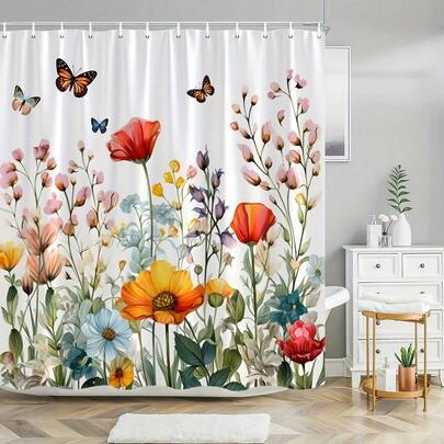 1 chiếc rèm tắm họa tiết hoa cúc và bướm rực rỡ - Thiết kế hoa văn trang nhã, thẩm mỹ hiện đại, bao gồm móc treo, hoàn hảo để làm mới không gian phòng tắm nhà bạn.