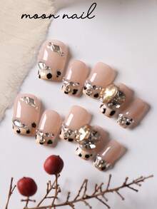 10pcs Press On Nails French Style Leopard Print Flash Diamond Nails Press On Nail Supplies Short Nails Fake Nails Artificial Nails Kit Includes 1sheet Adhesive Tabs &1 Pc Mini File - Multicolor - View 3