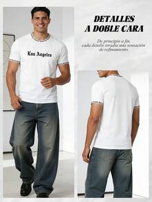 Camiseta de manga corta con cuello redondo, unicolor con letras inglesas impresas, adecuada para uso diario, salir, ocio, deportes, escuela, viajes, reuniones familiares y otras ocasiones - Blanco - Ver 7