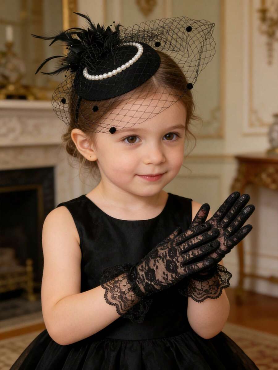 1 Set Kids Party Dress With Pearl Mini Hat And Lace Gloves Combo, Suitable For Events, Parties And Photo Shoots - Hats and Gloves - View 1