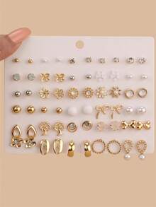 30件/套 简约水晶花朵、爱心、蝴蝶结及仿珍珠耳钉套装，适合日常、约会、派对等场合。 - 金色 - 查看 2