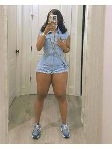 Denim Jumpsuits For Women Sleeveless Short Jumpsuit Stretch Slim Romper, Y2K Street Fashion Women's Clothing - Rửa nhẹ - Xem 2