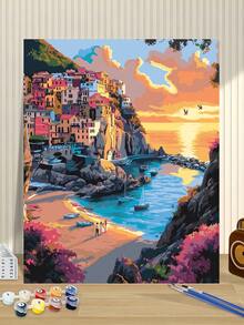 1套渔村日落DIY丙烯画套装，40*50厘米，包含全套颜料和画笔，旨在缓解压力，轻松按数字油画描绘悬崖海岸线和日落海景，适合作为装饰疗愈工艺品和送给朋友的贴心礼物（不含画框） - 珊瑚橙 - 查看 5