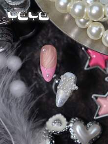 Upgrade Your Look With 10pcs Fake Nails Press On Almond French Tip,Pink,Nude Pink As The Base Color,Pearl White,3d Three-Dimensional Decoration Element,Bowknot,Pearl Star,Rhinestone Decor,Japanese Style Full Coverage Fake Nails Acrylic Medium Length Set,Sweet Heart Nail Supplies For Women And Girls &1pc Mini Nail File & 1 Sheet Adhesive Tabs,Boho Nail Art For Festivals, Daily, Work, Parties, Gatherings And Other Places - Pink - View 6