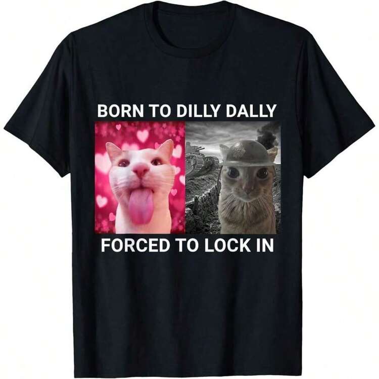 Born To Dilly Dally Forced To Lock In Cat Meme T-ShirtGraffiti Sportsman Casual Letters Tie-Dye Short-Sleeved 100% Cotton T-Shirt - 黑色 - 查看 9