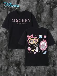 Women's Casual Disney Mickey Mouse Print Black Cotton T-Shirt, Short Regular Sleeve Round Neck Tee With Slight Stretch For Everyday Wear - Black - View 1