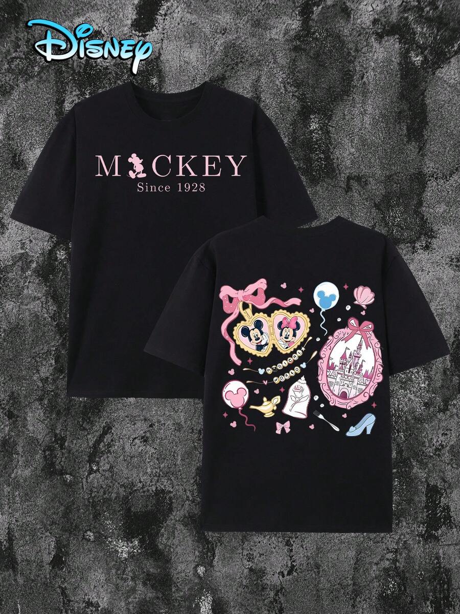 Women's Casual Disney Mickey Mouse Print Black Cotton T-Shirt, Short Regular Sleeve Round Neck Tee With Slight Stretch For Everyday Wear - Black - View 1
