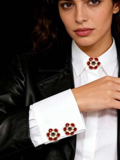 1件时尚简约奢华圆形水钻梅花袖扣，女士胸针纽扣套，时尚高端服装胸针，龟扣，束带夹，领带夹，女士配饰，女士派对轻奢气质服装袖扣套，适合日常佩戴，朋友礼物，爱人礼物，家庭礼物