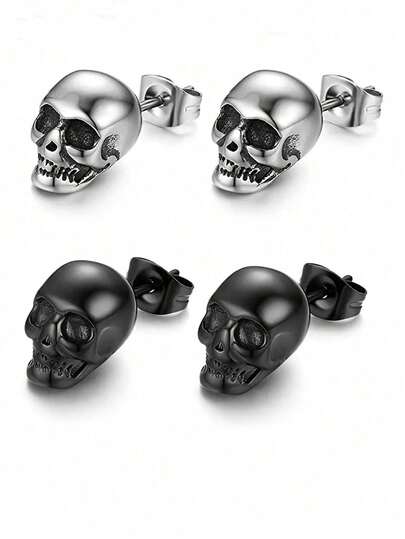 1 Pair Skull Stud Earrings, Unisex Gothic Punk Earring Set, Black And Silver Tone, Hypoallergenic Halloween Jewelry