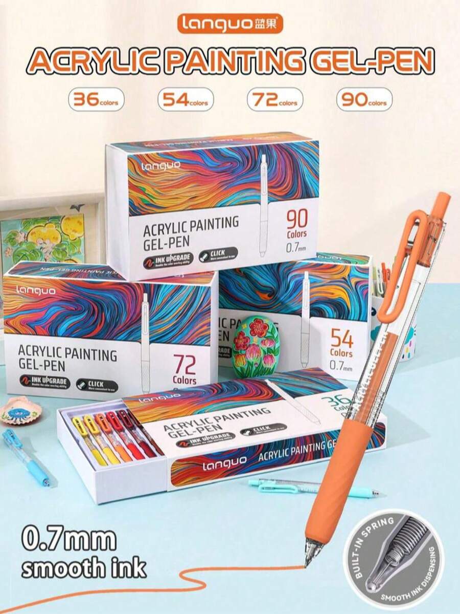 6/36/54/72/90 Colors Retractable Acrylic Paint Pen Set - Gel Pens (0.7mm), Acrylic Paint Markers, Ballpoint Pens, Liners, Highlighters, Suitable For Vibrant Color Writing And Sketching, Smooth Writing, Applicable For Painting, Marking, Student Notes, Handbook Making, Office Use - Multicolor - View 1