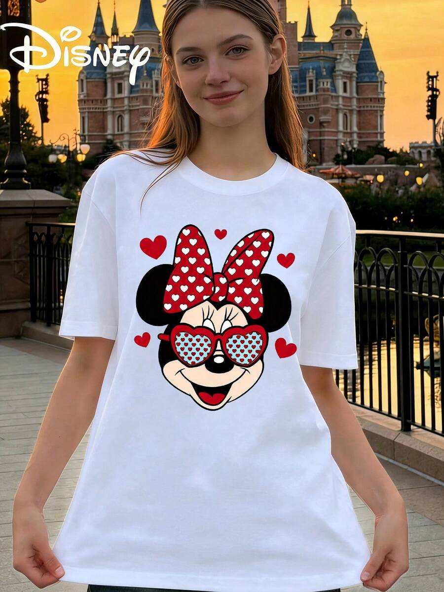 Women's Disney Minnie Mouse Heart Print Cotton Casual T-Shirt For Summer - trắng - Xem 1