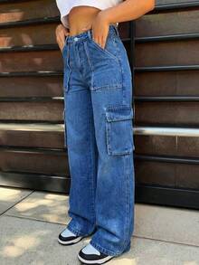 Women's Y2K High Waist Straight Leg Multi-Pocket Cargo Jeans - Dark Wash - View 5