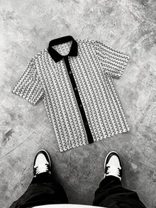 Men's Geometric Striped Contrast Color Hollow-Out Knitted Jacquard Fabric Casual Vacation Summer Short Sleeve Shirt - Black and White - View 3