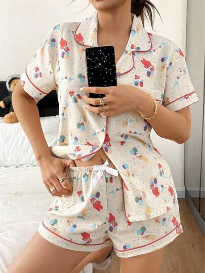 Dreamivo 2pcs Women Pajama Set, Balloon & Bear Print Short Sleeve Lapel Collar Pocket Top And Bow Shorts, Ladies Sleepwear Homewear For All Seasons