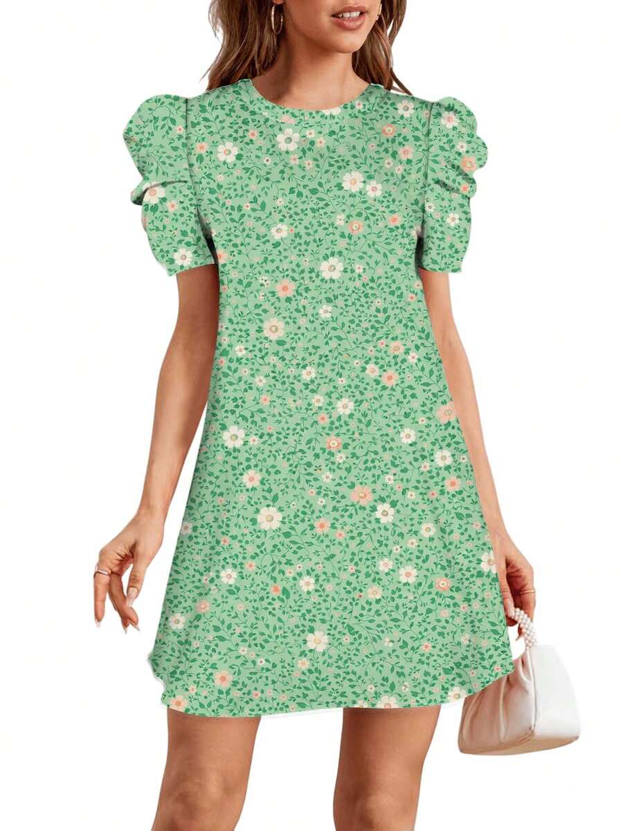 Green Floral Pattern With White And Pink Flowers On Fabric Summer Dresses For Women Casual Petal Sleeve Swing Vacation Dress - Nhiều màu - Xem 1