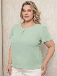 ONLYONE - WOMEN'S PLUS SIZE SHORT-SLEEVED PRINCESS BLOUSE WITH PLEATS AT THE NECKLINE - DUNAS  - ELEGANT WOMEN'S BLOUSES (LARGE SIZE) - 薄荷綠 - 查看 1