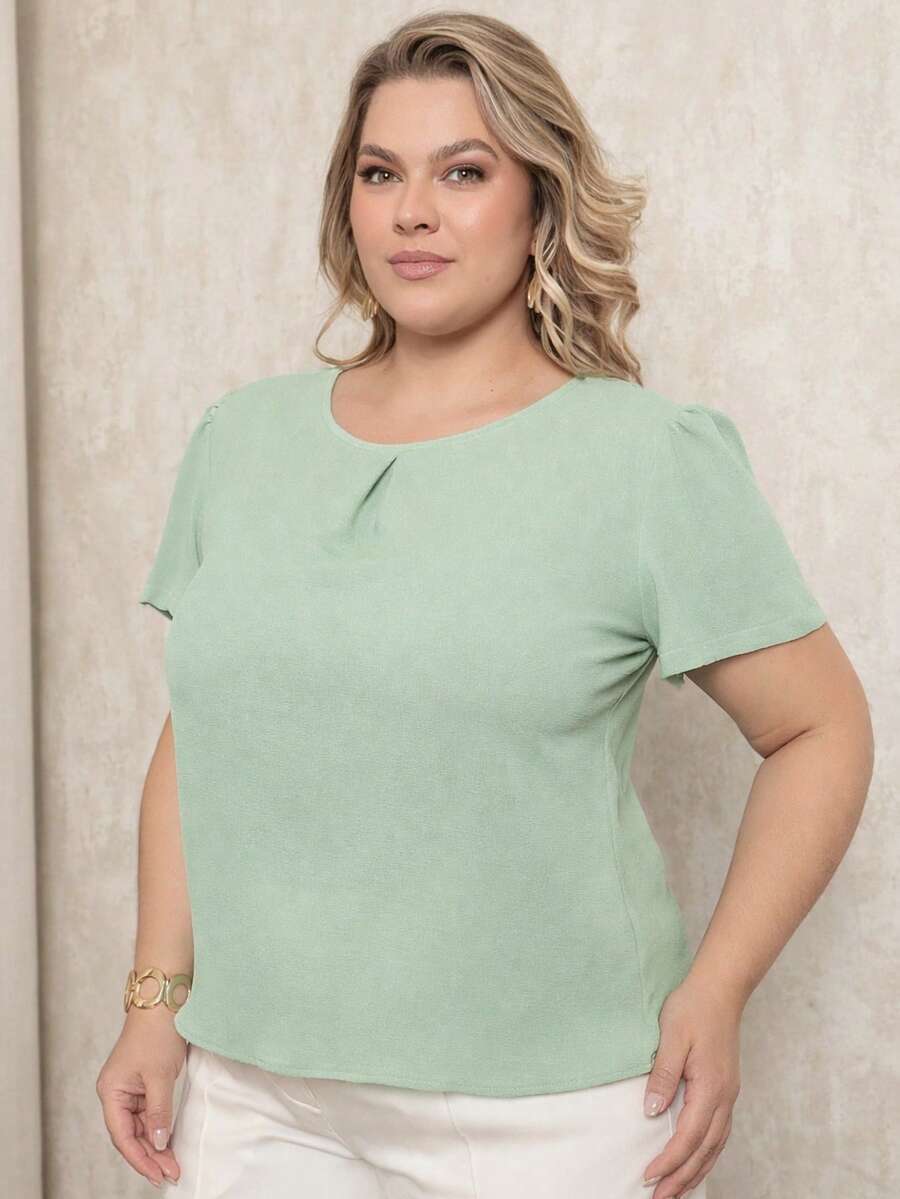 ONLYONE - WOMEN'S PLUS SIZE SHORT-SLEEVED PRINCESS BLOUSE WITH PLEATS AT THE NECKLINE - DUNAS - ELEGANT WOMEN'S BLOUSES (LARGE SIZE) - 薄荷綠 - 查看 1