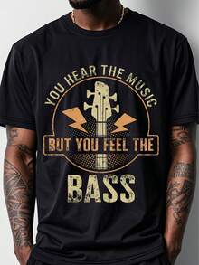 A Humorous Graphic T-Shirt, Ultra-Soft Black T-Shirt With A Design That Says "I Hear Music, But I Feel The Bass," Casual Round Neck, Soft, Funny Sayings, Stylish, Breathable, Perfect For Running, Weekend Leisure, And Outings, Suitable For Camping Trips. - Black - View 6