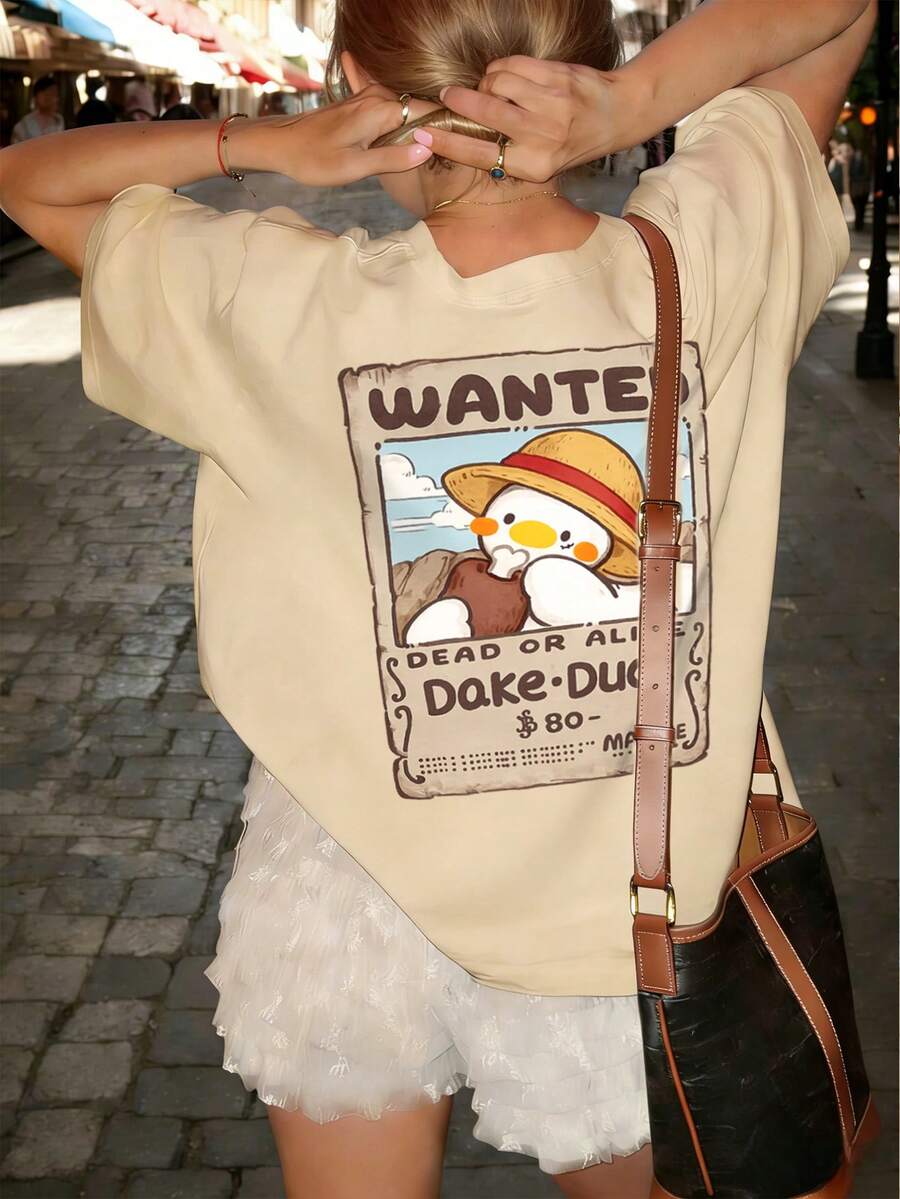 Camiseta de manga corta con cuello redondo y estampado casual para niñas preadolescentes y estudiantes, top de verano - Albaricoque - Ver 1