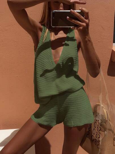 Women Knit Sexy Top And Shorts Set ,Summer Outfits For Daily Wear,Vacation Outfits Woman,Gyaru Outfits