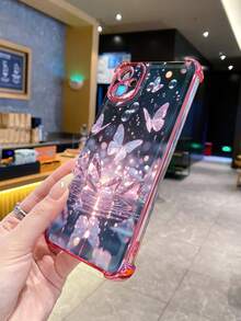 1个镶钻亮片蝴蝶图案防撞电镀摄像头保护手机壳，UV印刷，适用于三星Galaxy/////安卓机型 - 粉色 - 查看 2