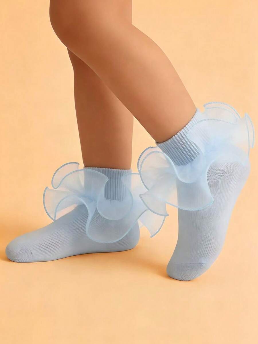 1双女童荷叶边花边袜子，公主风婴儿袜 - 淺藍色 - 查看 1